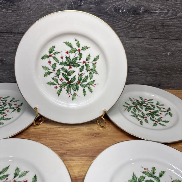 Lenox Special Christmas Dinner Plates Large Holly Berry Gold Trim 10.5" Set of 5 - Picture 3 of 9